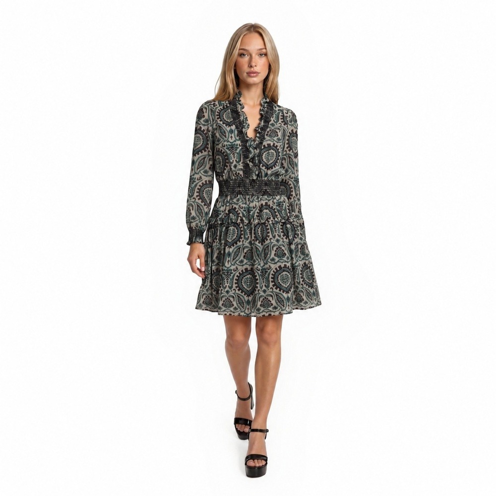 Love the Label Dress Women's Size Medium Green Paisley Smocked Tiered Ruffle